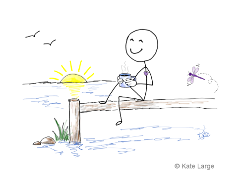 Ima has released the pressure of overwhelm and is peacefully sitting on the dock, savoring a cup of coffee while the calming water restores his senses. A dragonfly has landed nearby, reminding us that when we slow down and breathe, life begins to feel peaceful again.