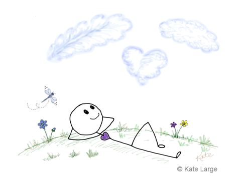 Ima Finds Quiet Within Ima lies peacefully in the grass beneath drifting clouds, breathing deeply and enjoying the quiet. His mind is no longer racing with every little thought. With the clarity that comes from a peaceful heart and mind, he notices shapes in the clouds that had been hidden before - and discovers he can see life with greater wisdom, too.