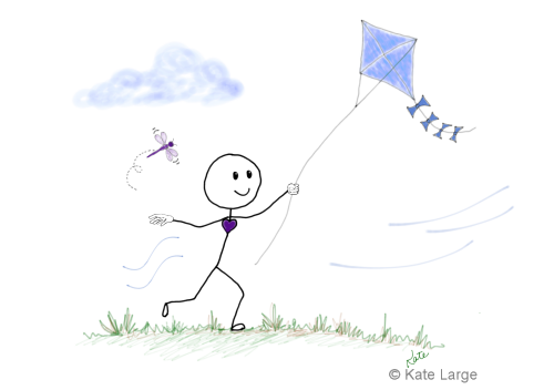 Ima joyfully flies a colorful kite, relaxed and fully present in the moment. Instead of struggling to get through the day, he has learned to work in harmony with life's changing winds. With his heart and mind working together, he experiences the lightness and joy that have always been waiting within him.