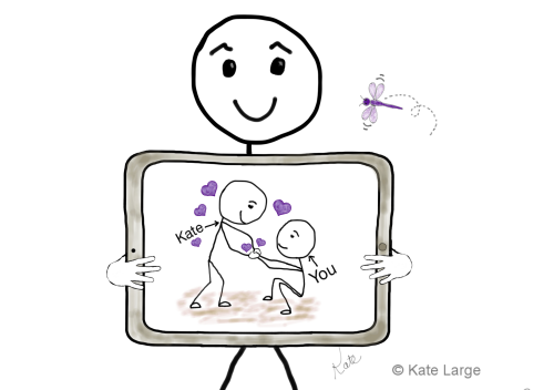 Ima smiles as he holds an iPad showing Kate gently reaching out to someone labeled "You." Having created his own Safe Space and embraced new tools and understanding, he now knows how to meet life's challenges with confidence, clarity, and hope.
