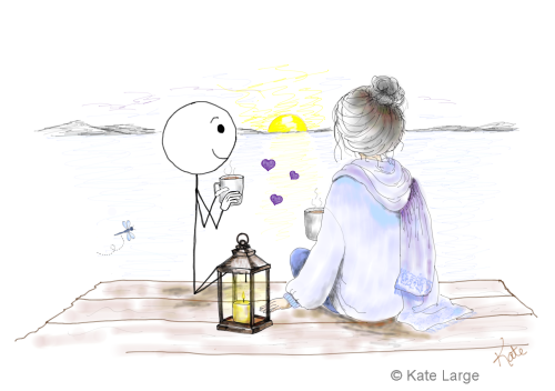 Ima sitting beside a woman on the dock at the lake, sharing a peaceful moment of spiritual guidance