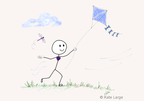 Ima joyfully flies a colorful kite, relaxed and fully present in the moment. Instead of struggling to get through the day, he has learned to work in harmony with life's changing winds. With his heart and mind working together, he experiences the lightness and joy that have always been waiting within him.