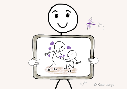 Ima smiles as he holds an iPad showing Kate gently reaching out to someone labeled 
