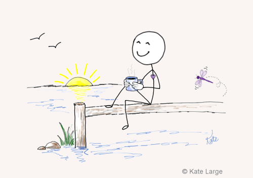 Ima has released the pressure of overwhelm and is peacefully sitting on the dock, savoring a cup of coffee while the calming water restores his senses. A dragonfly has landed nearby, reminding us that when we slow down and breathe, life begins to feel peaceful again.