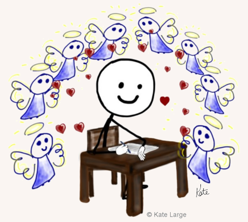 Ima Miracle Magnet writing the messages his angels are whispering to him.