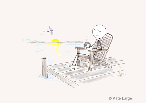 Ima sitting peacefully on a dock beside the lake with a cup of tea