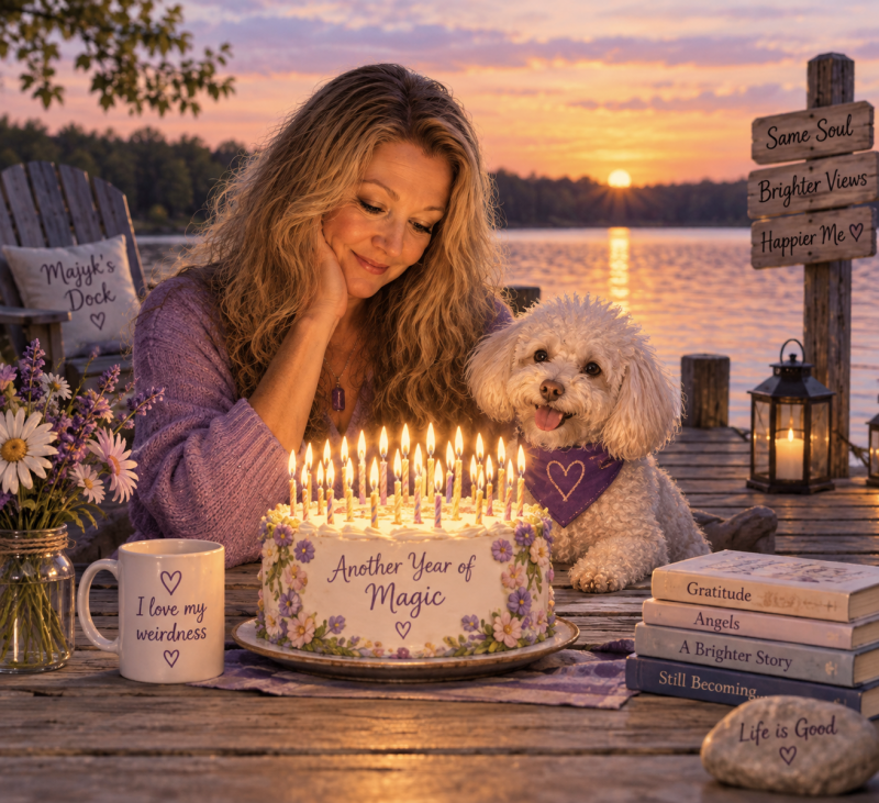 Kate and Majyk celebrating Kate's birthday on the dock with a lovely cake as the sun sets.
